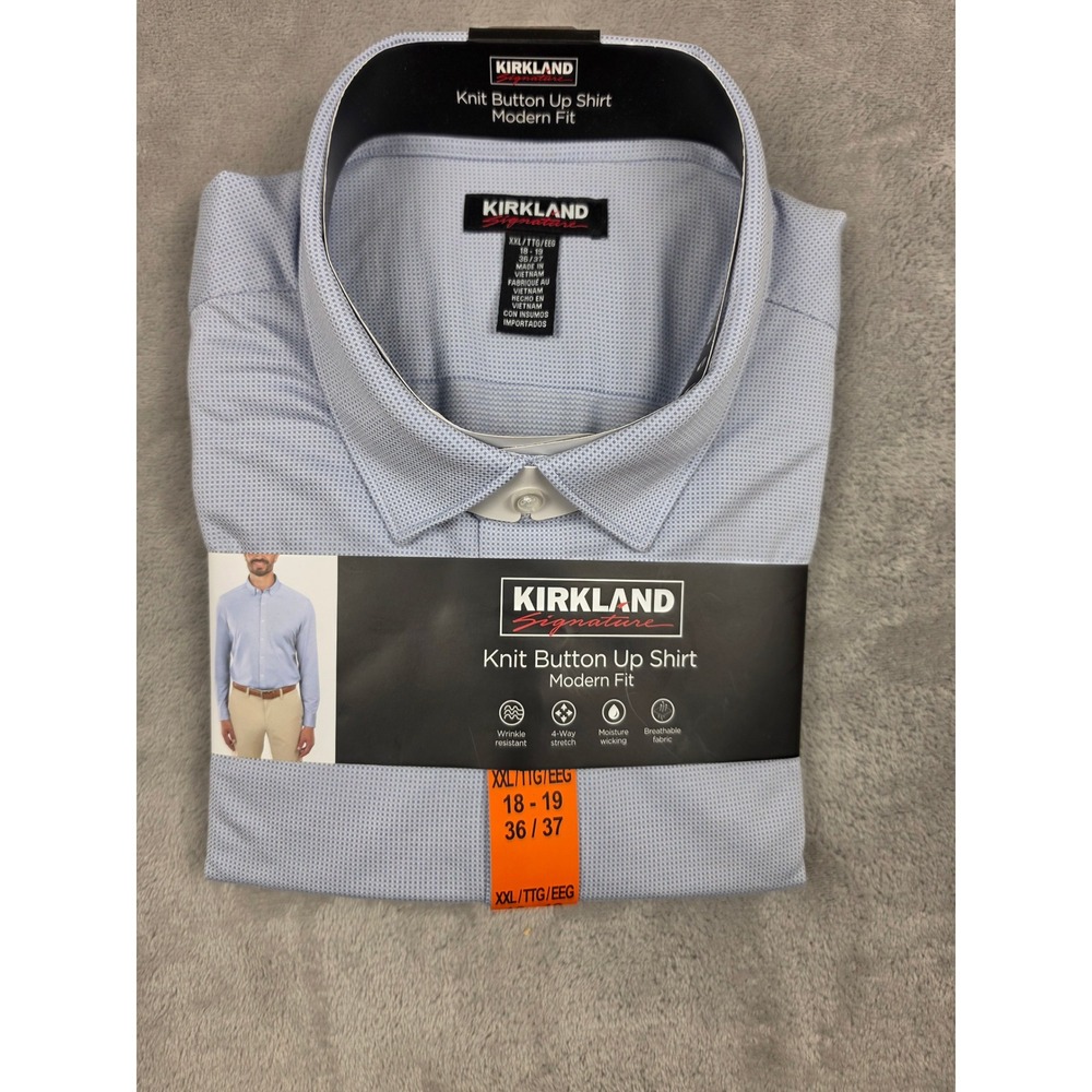 Kirkland Knit Button Up Shirt Mens XXL Blue Modern Fit 18-19 36/37 Stretch